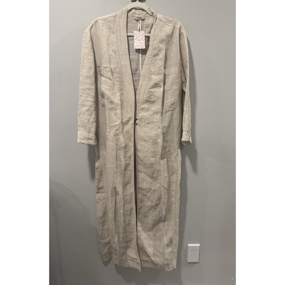 Free People Coatigan Womens M Beige Linen Long Sleeve Open Boho Duster NWT